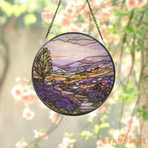 Purple Irish Hills and Sheep Stained Glass Suncatcher Countryside Window Hanging Nature-Inspired Irish Decor Gift for